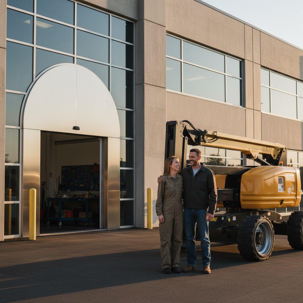 Technician repairing boom lift hydraulics in Southern California warehouse